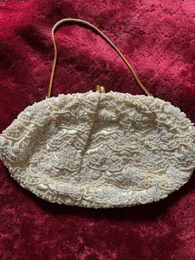 Vintage La Regale Ivory Beaded and sequins Evening Clutch with Gold Strap
